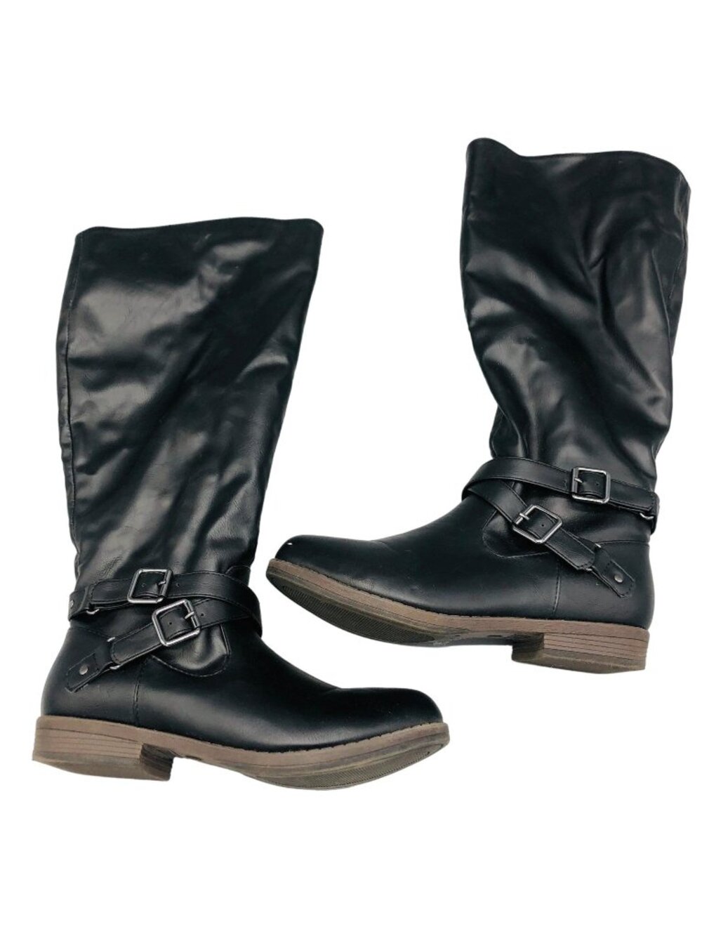 black mid calf boots zip up po#000602 1" heel buckles  size 8 READ